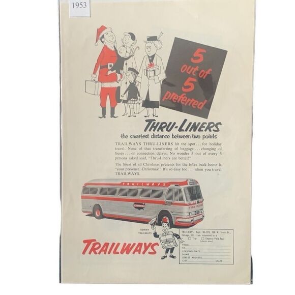 Vintage 1953 Trailways 5 out of 5 Preferred Thru Liners Ad Advertisement - Picture 3 of 4